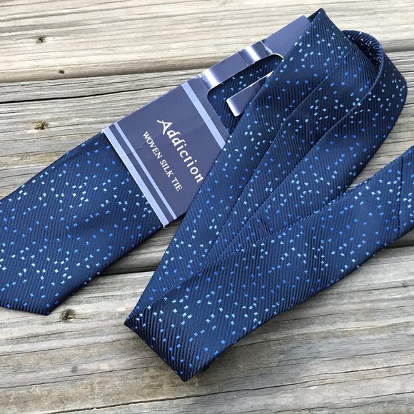 Addiction Men Tie Blue Woven Silk Tie Classic Neck - Picture 6 of 9